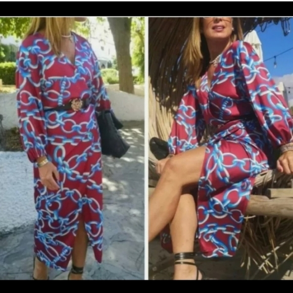 ZARA MULTICOLOURED CHAIN PRINT MIDI DRESS WITH KNOT DETAIL - Picture 2 of 11